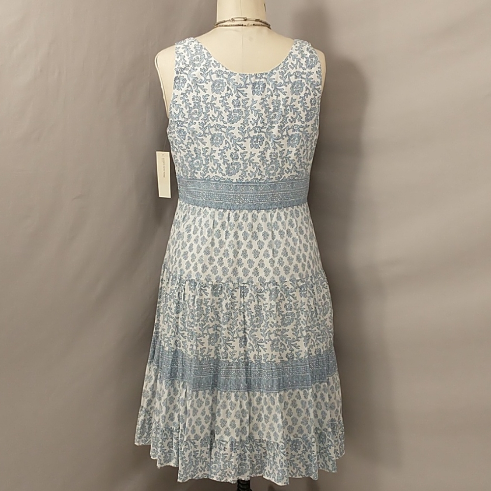 Cotton Block Print Summer Dress Wedgewood Blue & White Lined Midi Tiered Skirt - Picture 4 of 9